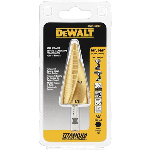 BROCA ESCALONADA DE 7/8 Plgs - 1 1/8 Plgs, HEX 1/4 Plgs, DE TITANIO. MARCA DEWALT, DWA1789IR