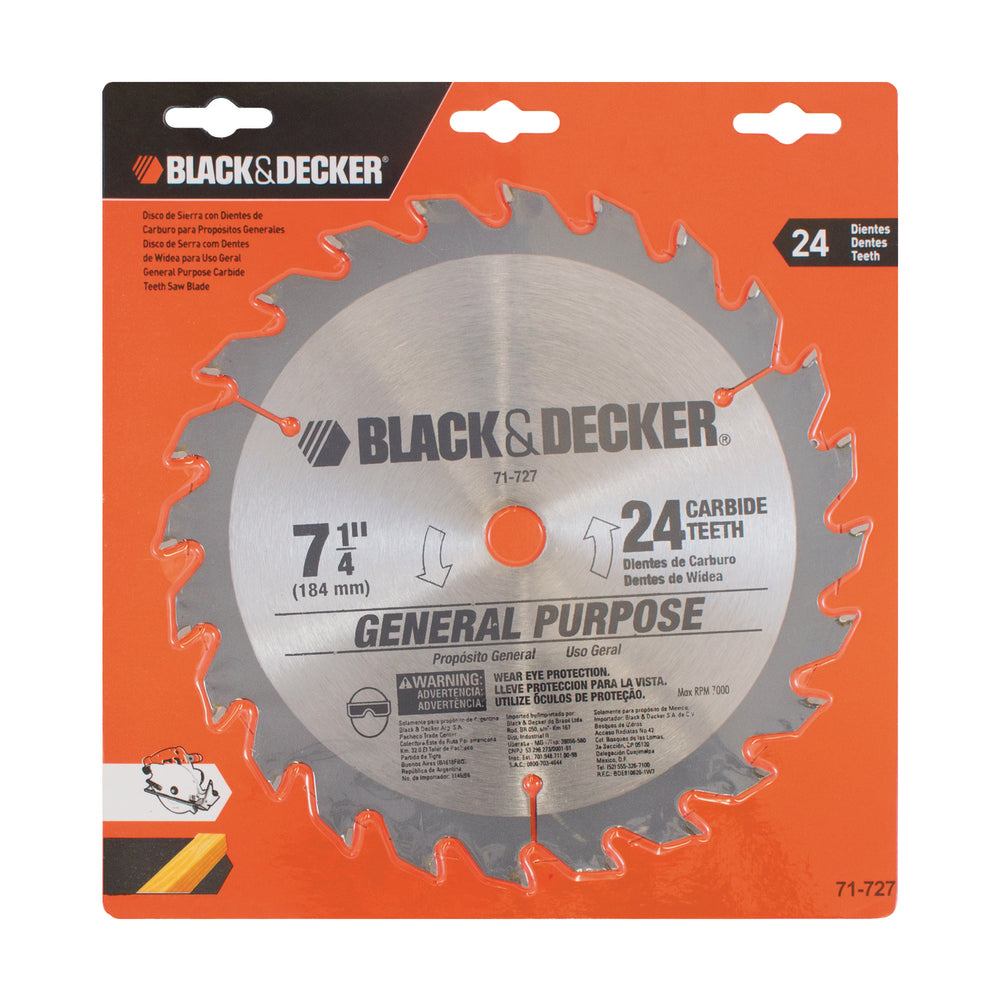 DISCO PARA MADERA 7-1/4 PULG, 24 DIENTES, CORTE GENERAL. MARCA BLACK AND DECKER, 71-727