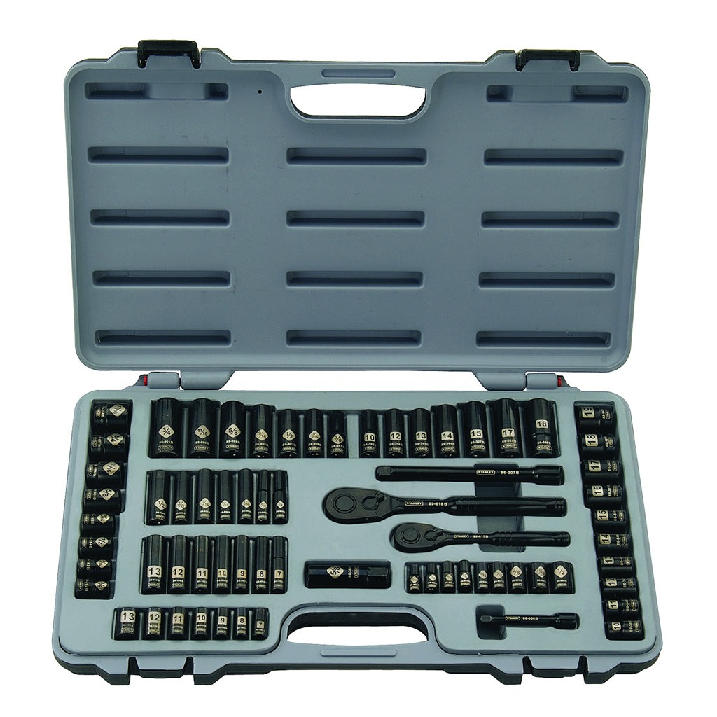 JUEGO DE 69 HERRAMIENTAS MECANICAS, CROMO NEGRO, RAIZ DE 3/8 PULGADAS, LLAVES CON MALETA PLASTICA. MARCA STANLEY, 92-824