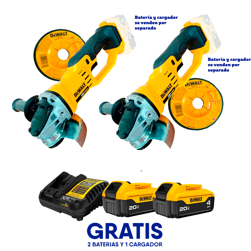 2 esmeriladoras inalámbricas de 4 1/2 plgs sin batería, con 2 baterías y 1 cargador gratis, Dewalt DCG412B-OF2
