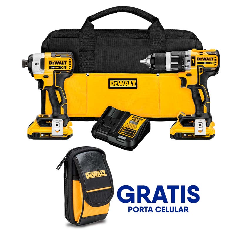 COMBO BARRENO/TALADRO PERCUTOR Y ATORNILLADOR DE IMPACTO, INALAMBRICO 20VOLT, BRUSHLESS, MAS PORTA CELULAR. DEWALT, DCK287D2-83487LA