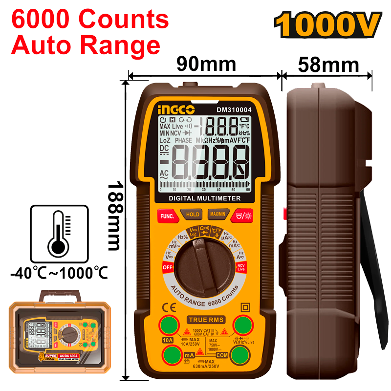 Multímetro digital 600 amperios de 1000V en marca INGCO, DM310004