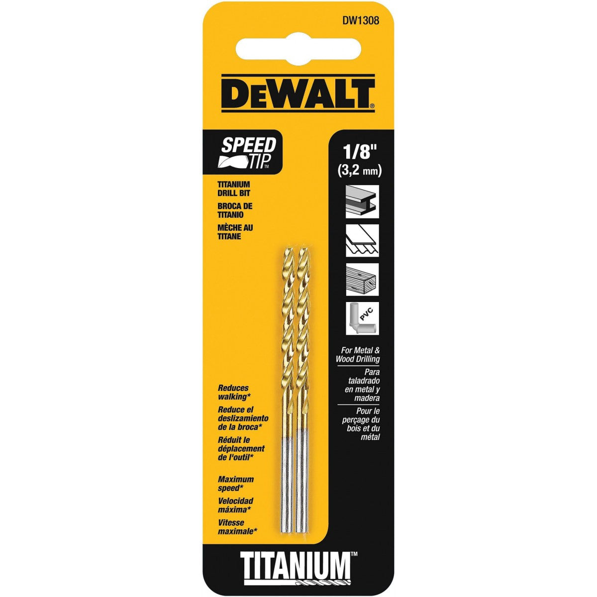 BROCA DE TITANIO PARA METAL Y MADERA DE 1/8PULG, DW1308 G, DEWALT, DW1308 G