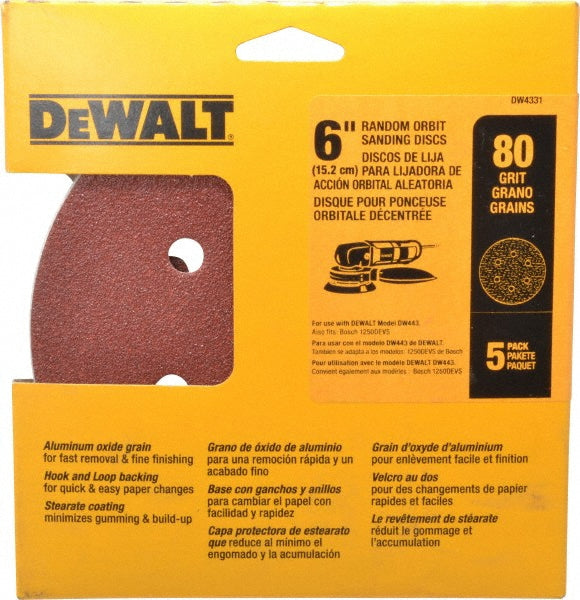 KIT DE 5 DISCOS DE LIJA DE 6", GRANO 80, TIPO VELCRO, DW4331 X, DEWALT, DW4331 X