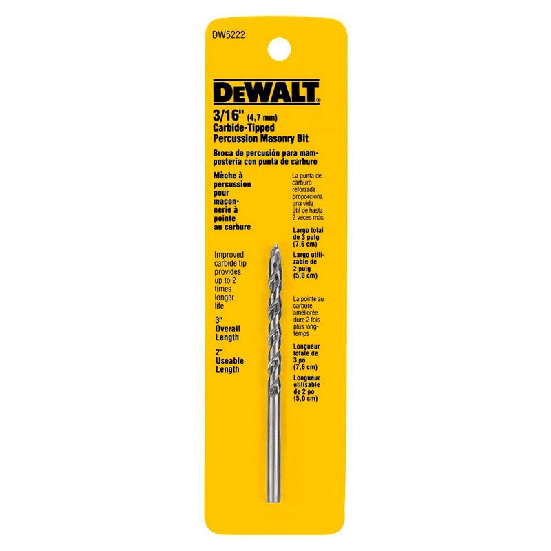 BROCA ROCK CARBIDE 3/16 X 2 X 3 PARA CONCRRETO DEWALT, DW5222 Y