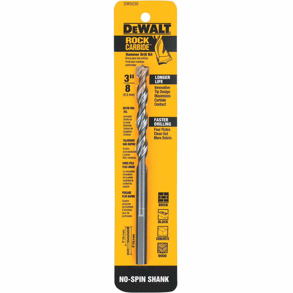 BROCA P/CONCRETO ROCK CARBIDE DE 3/8", DE 4" X 6", DW5230 Y, DEWALT, DW5230 Y