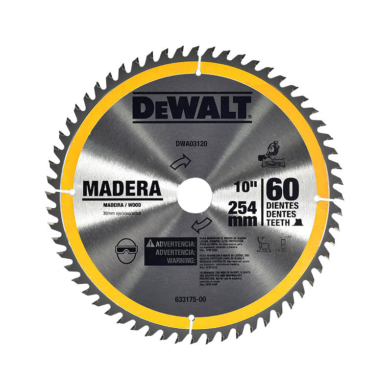 DISCO DE SIERRA PARA MADERA DE 10PULG, 60 DIENTES DE TUGSTENO, DWA03120, DEWALT