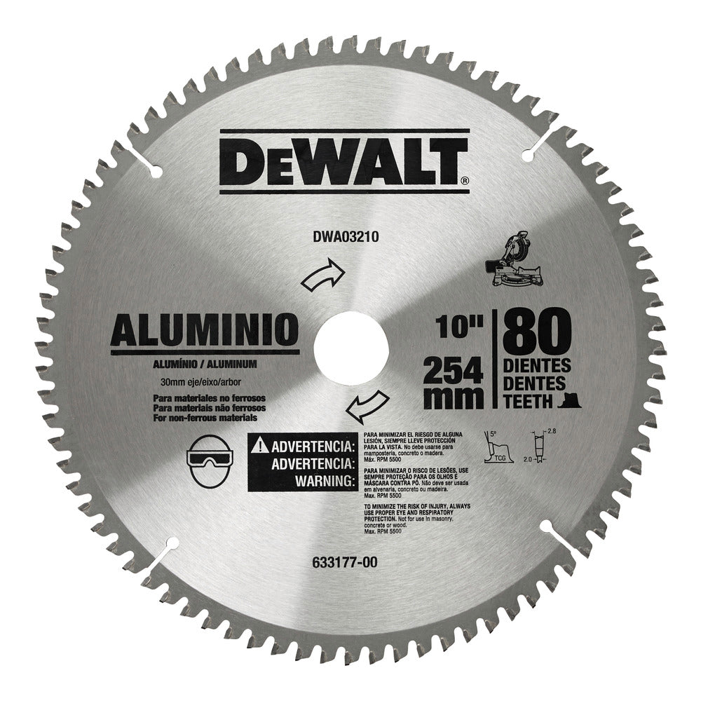 DISCO DE SIERRA PARA ALUMINIO DE 10PULG x 80 DIENTES DE TUGSTENO, DWA03210, DEWALT