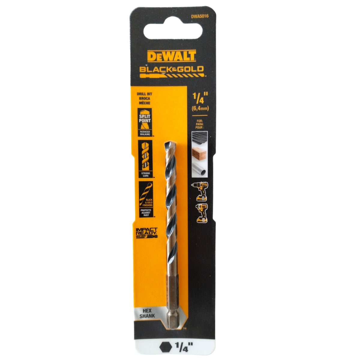 BROCA HSS PARA METAL Y MADERA, DE 1/4 PULGADAS, VASTAGO HEXAGONAL DE 1/4 PULGADAS. MARCA DEWALT, DWA5016