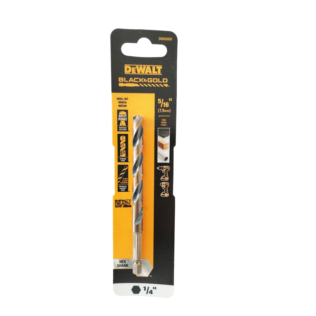 BROCA HSS PARA METAL Y MADERA, DE 5/16 PULGADAS, VASTAGO HEXAGONAL DE 1/4 PULGADAS. MARCA DEWALT, DWA5020