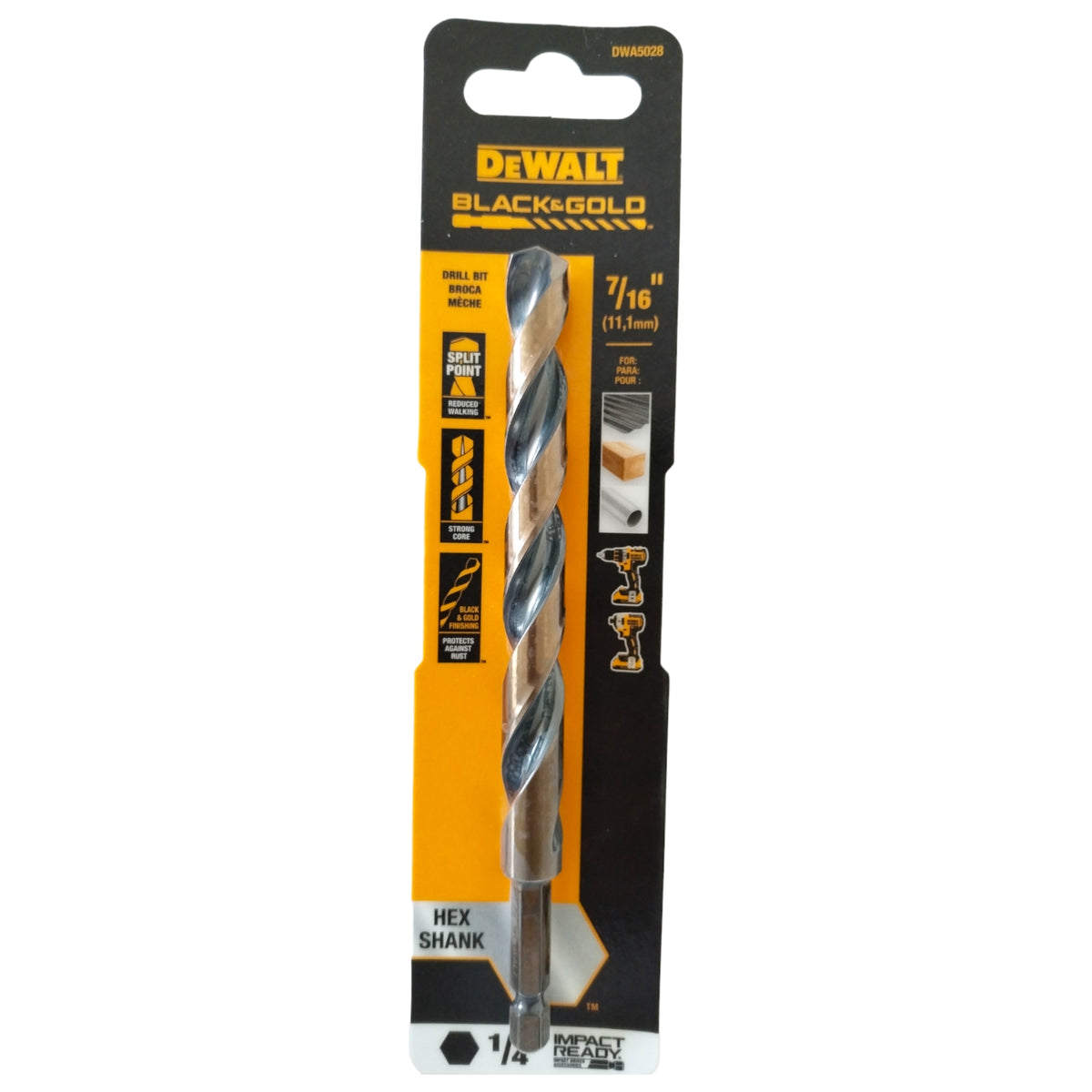 BROCA HSS PARA METAL Y MADERA DE 7/16 PULGADAS, VASTAGO HEXAGONAL DE 1/4 PULGADAS. MARCA DEWALT, DWA5028