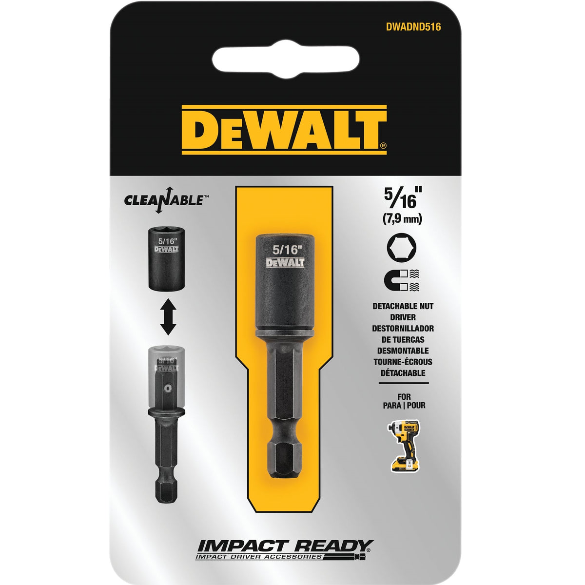 SUJETADOR MAGNETICO DE IMPACTO TUERCA DE 5/16, 1 7/8 PULG LARGO, 47.6 MM. VASTAGO 1/4 MARCA DEWALT, DWADND516