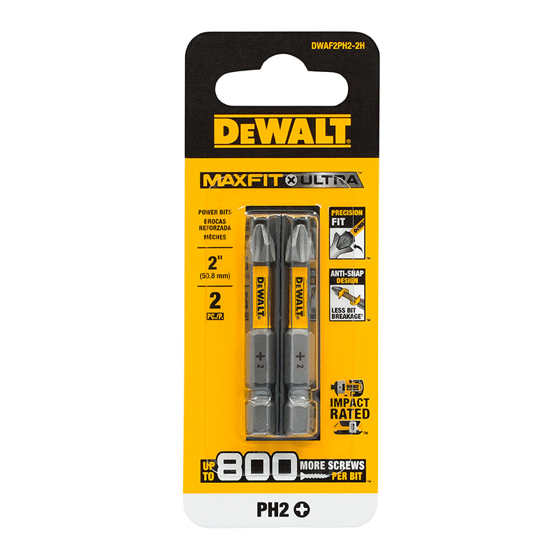 SET 2 PUNTAS PHILLIPS MAXFIT ULTRA No. 2 X 2 PULGADAS DE LARGO, DISEÑO ANTI-SNAP QUE REDUCE LA ROTURA. DEWALT, DWAF2PH2-2H