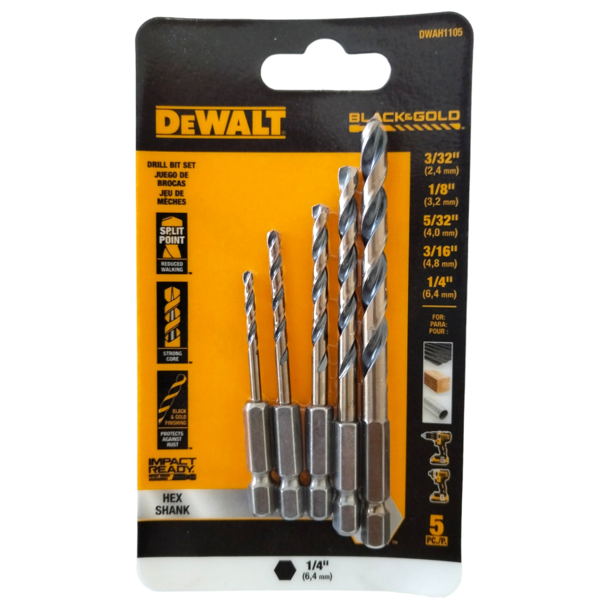 KIT DE 5 BROCAS HSS PARA METAL Y MADERA INCLUYE 3/32, 1/8, 5/32, 3/16 Y 1/4 PULG, VASTAGO HEXAGONAL DE 1/4. MARCA DEWALT, DWAH1105
