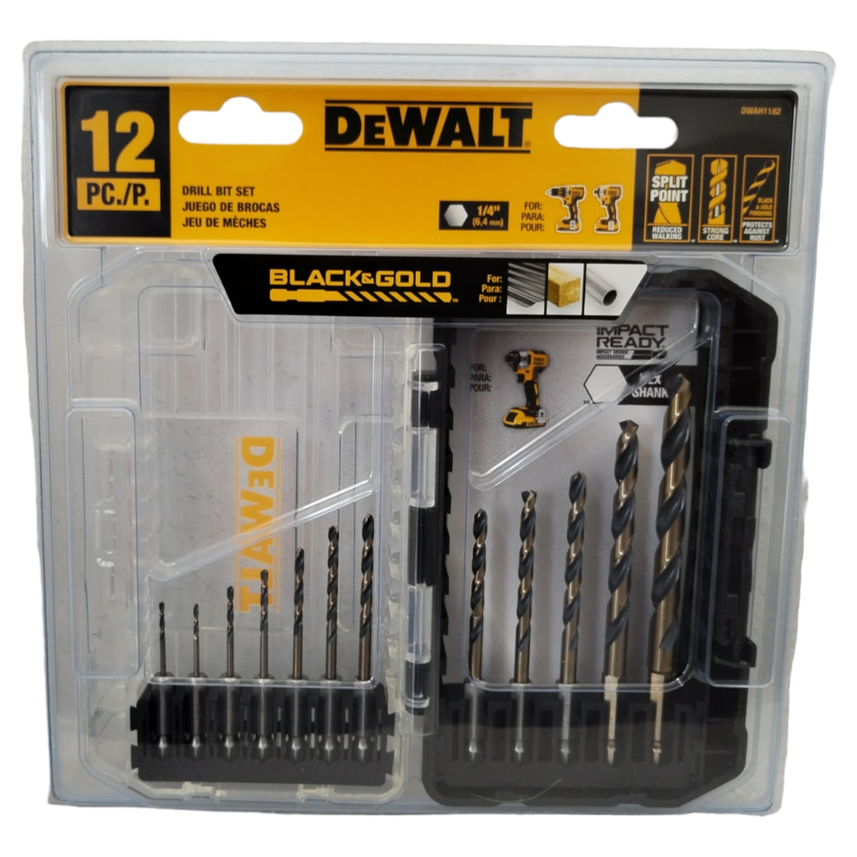 KIT DE 12 BROCAS HSS PARA METAL Y MADERA VA DESDE 1/16 A 5/16 VASTAGO HEXAGONAL 1/4. MARCA DEWALT, DWAH1182