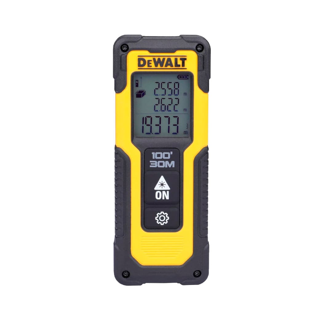 MEDIDOR LASER ROJO DE DISTANCIA, RANGO 30 METROS, PANTALLA ILUMINADA, PREISCION + - 1/16 PULGADAS, 1.5 MM. MARCA DEWALT, DWHT77100