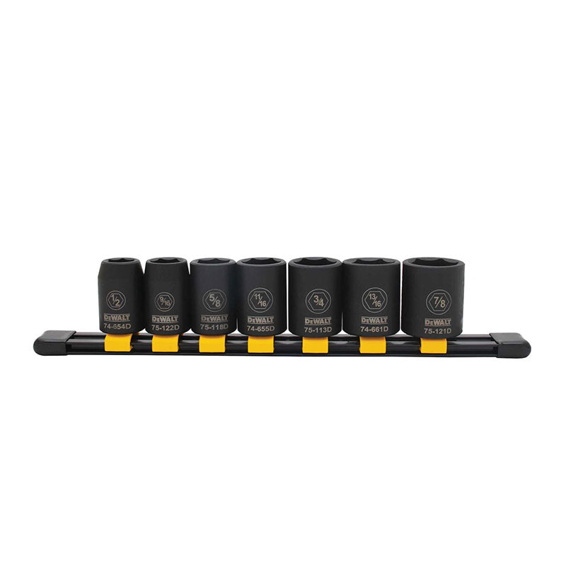 JUEGO DE 7 COPAS CORTAS DE IMPACTO EN PULGADAS RAIZ 1/2, INCLUYE 1/2, 9/16, 5/8, 11/16, 3/4, 13/16 Y 7/8 PLG. DEWALT, DWMT74452OSP