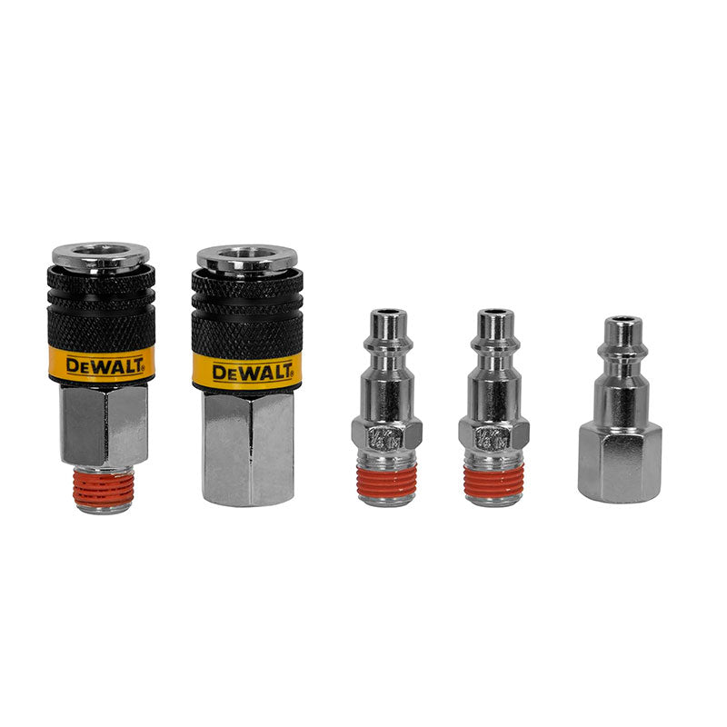 KIT DE ACOPLE RAPIDO 5 PCS CROMADOS, 1 ACOPLADOR HEMBRA Y 1 MACHO, 2 CONECTOR MACHO Y 1 HEMBRA NPT 1/4. DEWALT, DXCM036-0208