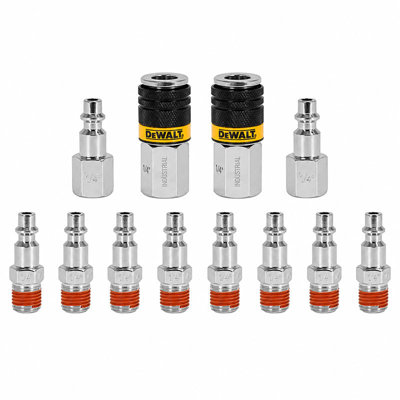 KIT DE ACOPLES RAPIDOS ROSCA NPT 1/4 PLG 12 PCS. 8 CONECTORES MACHO, 2 HEMBRAS Y 2 ACOPLES RAPIDO HEMBRA. DEWALT, DXCM036-0226