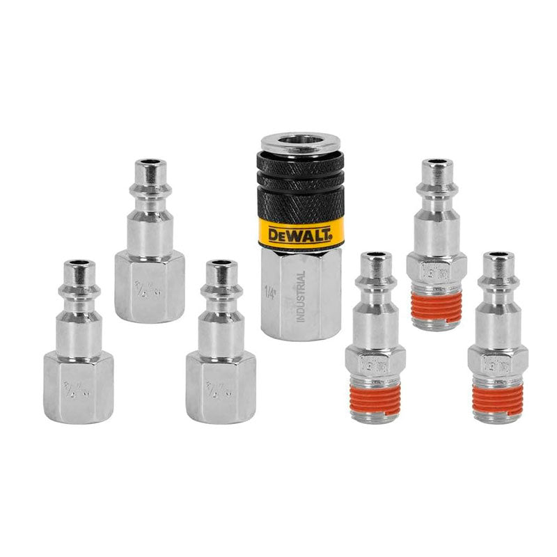 KIT DE ACOPLES RAPIDOS ROSCA NPT 1/4 PLG. 7 PCS. 3 CONECTORES MACHO, 3 HEMBRAS Y 1 ACOPLE RAPIDO HEMBRA. DEWALT, DXCM036-0227