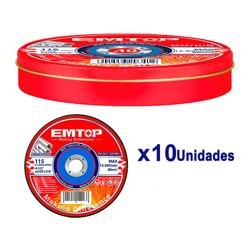 Kit de discos para cortar metal acero inox de 4 ½ plgs, centro plano, 10 unidades, Emtop, EACD121155