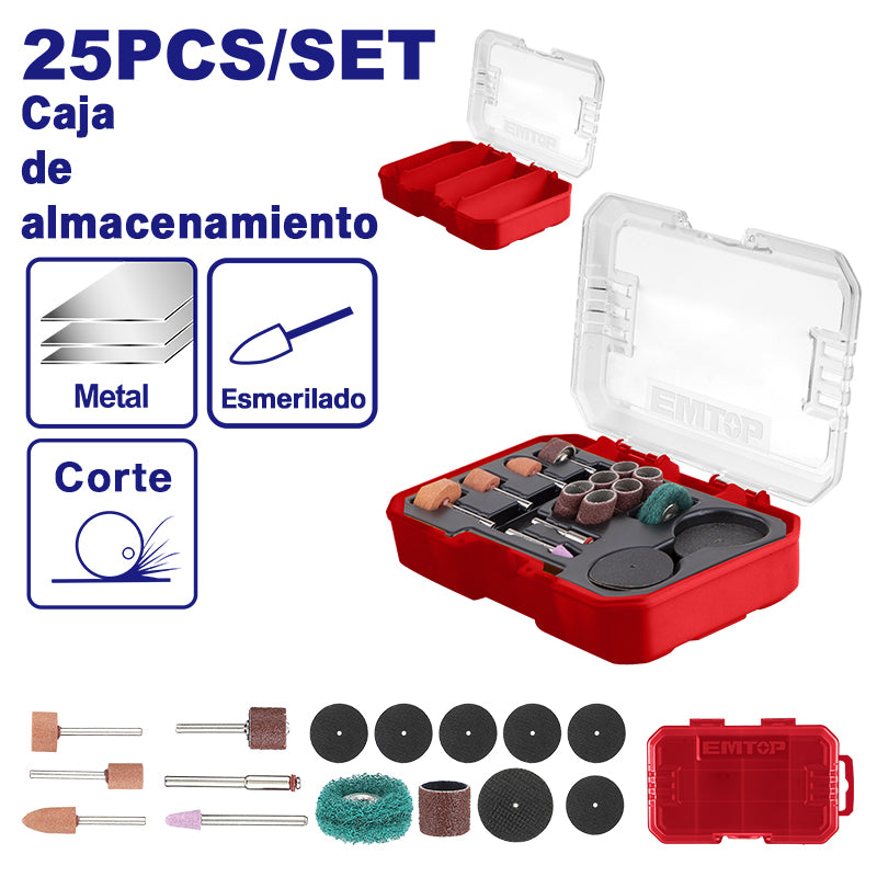KIT DE 25 PIEZAS PARA DREMEL / ROTO TOOL, PARA LIJADO Y DESBASTE, CON ESTUCHE PLASTICO. EMTOP, EAKMG5024