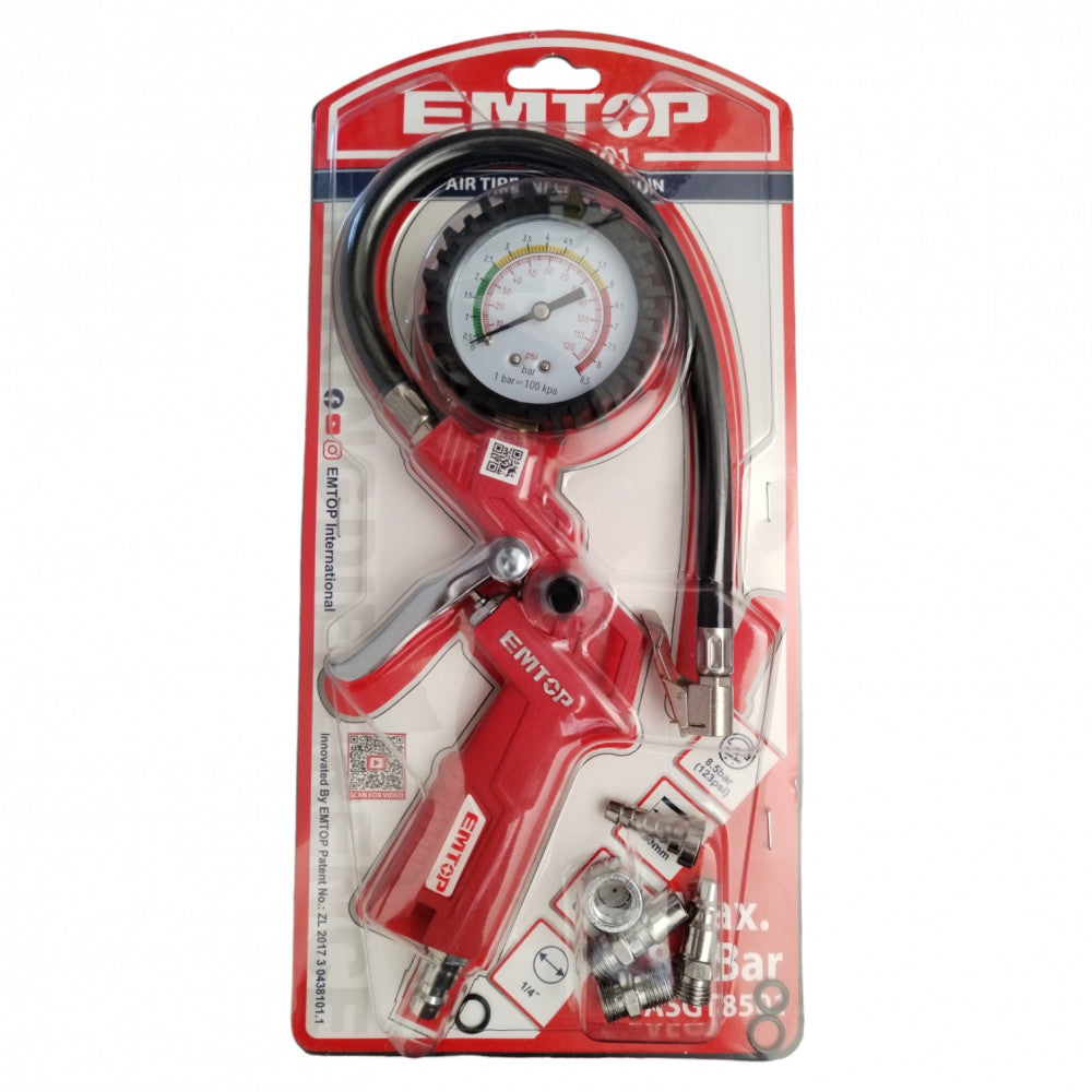 PISTOLA CON CALIBRADOR PARA INFLAR NEUMATICOS, 8.5bar, 123psi, CON 5 CONECTORES. MARCA EMTOP, EASGT8501