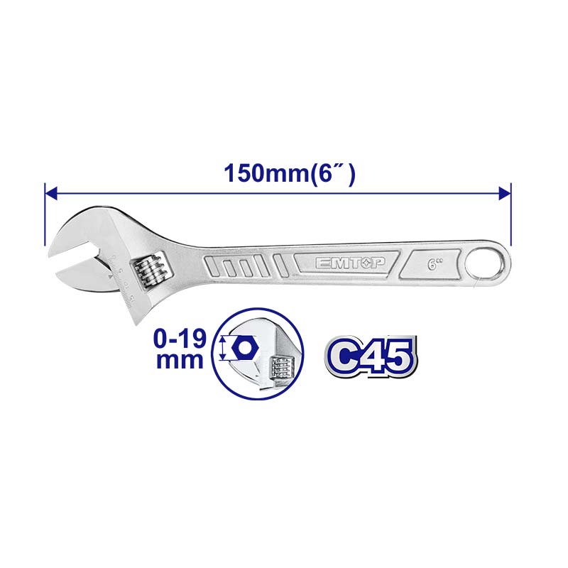 LLAVE AJUSTABLE / CANGREJO CROMADO DE 6 PULGADAS. MARCA EMTOP, EAWH130622