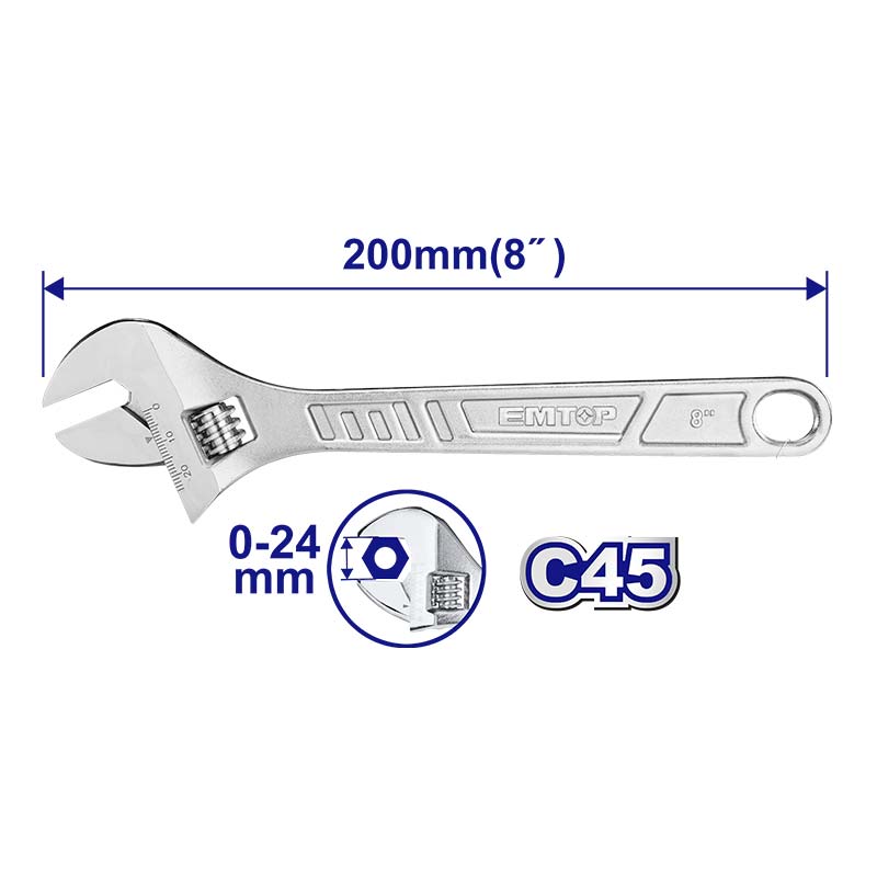 LLAVE AJUSTABLE / CANGREJO CROMADO DE 8 PULGADAS. MARCA EMTOP, EAWH130822
