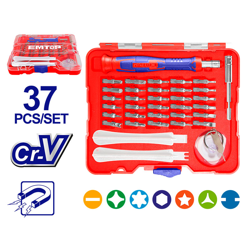 JUEGO DE DESARMADOR DE PRESICION DE 37 PIEZAS INTERCAMBIABLES, EMTOP, EBST03702