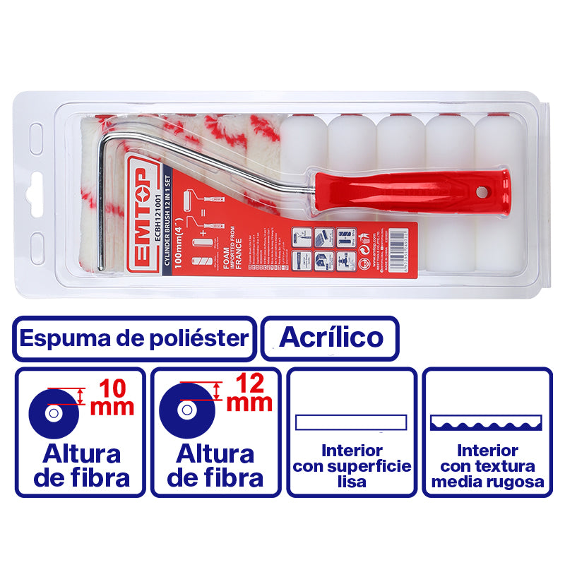 MINI RODILLOS DE ACRILICO Y ESPUMA, 4 PULG. PARA SUPERFICIES LISAS, INCLUYE 5 RODILLOS DE CADA TIPO. EMTOP, ECBH121001