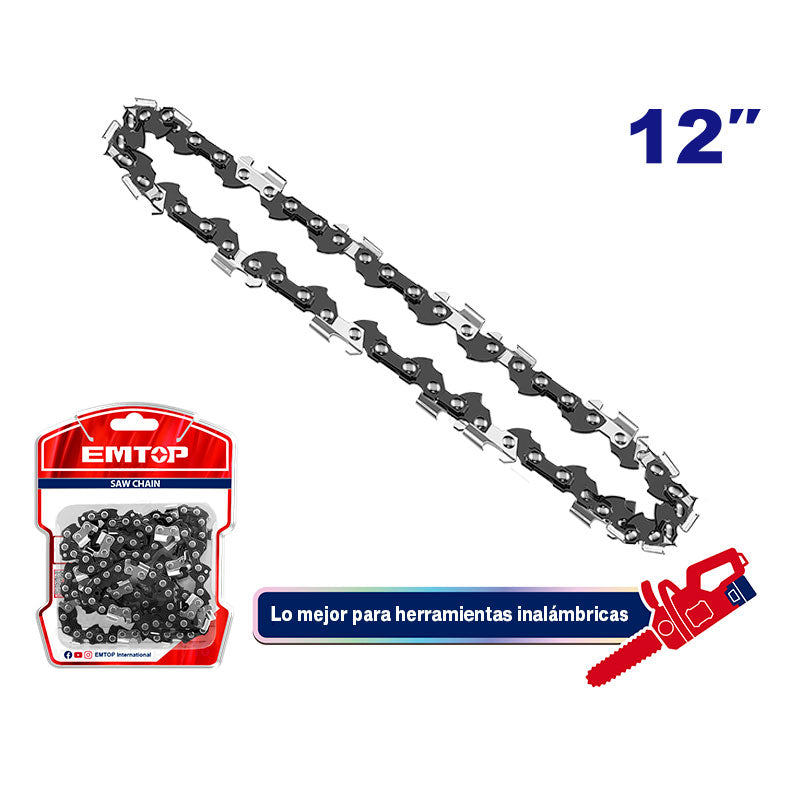 CADENA PARA MOTOSIERRA DE 12 PULGADAS PASO DE CADENA 3/8 PARA MODELOS ELGA20128, ELGA201286 Y ULGA201286. EMTOP, ECCL5121