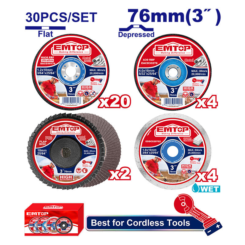 JUEGO DE 30 DISCOS DE 3 PULG. ABRASIVO, DIAMANTE Y FLAP DISC, CORTE Y DESBASTE, IDEAL PARA MINI ESMERIL ELAG7601. EMTOP, ECGD07630