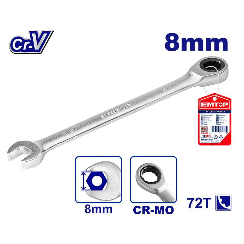LLAVE COLA CORONA CON RATCH DE 8 MILIMETROS 12 PUNTOS CROMO VANADIO. EMTOP, ECSPAR081