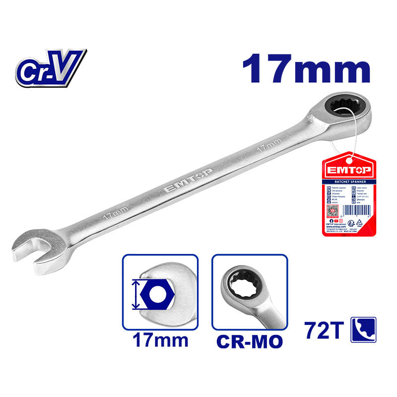 LLAVE COLA CORONA CON RATCH DE 17 MILIMETROS 12 PUNTOS CROMO VANADIO. MARCA EMTOP, ECSPAR171