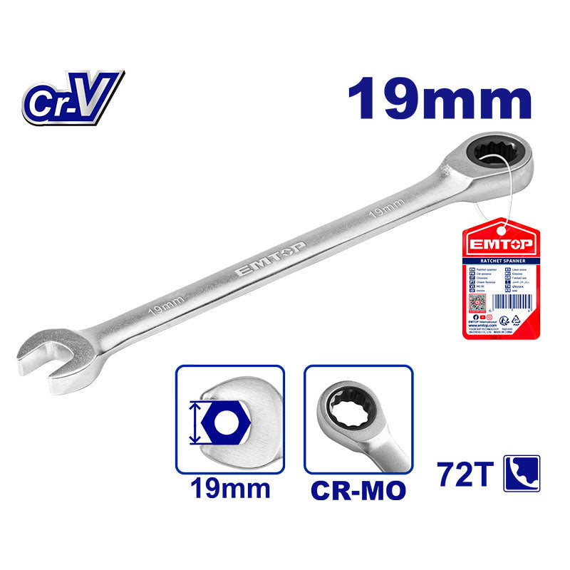 LLAVE COLA CORONA CON RATCH DE 19 MILIMETROS 12 PUNTOS CROMO VANADIO. MARCA EMTOP, ECSPAR191