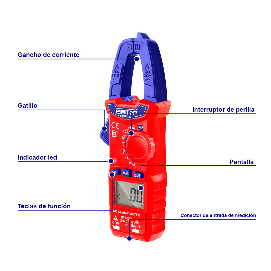 Amperímetro de gancho digital hasta 600 voltios, Emtop, edmr22001, EDMR22001