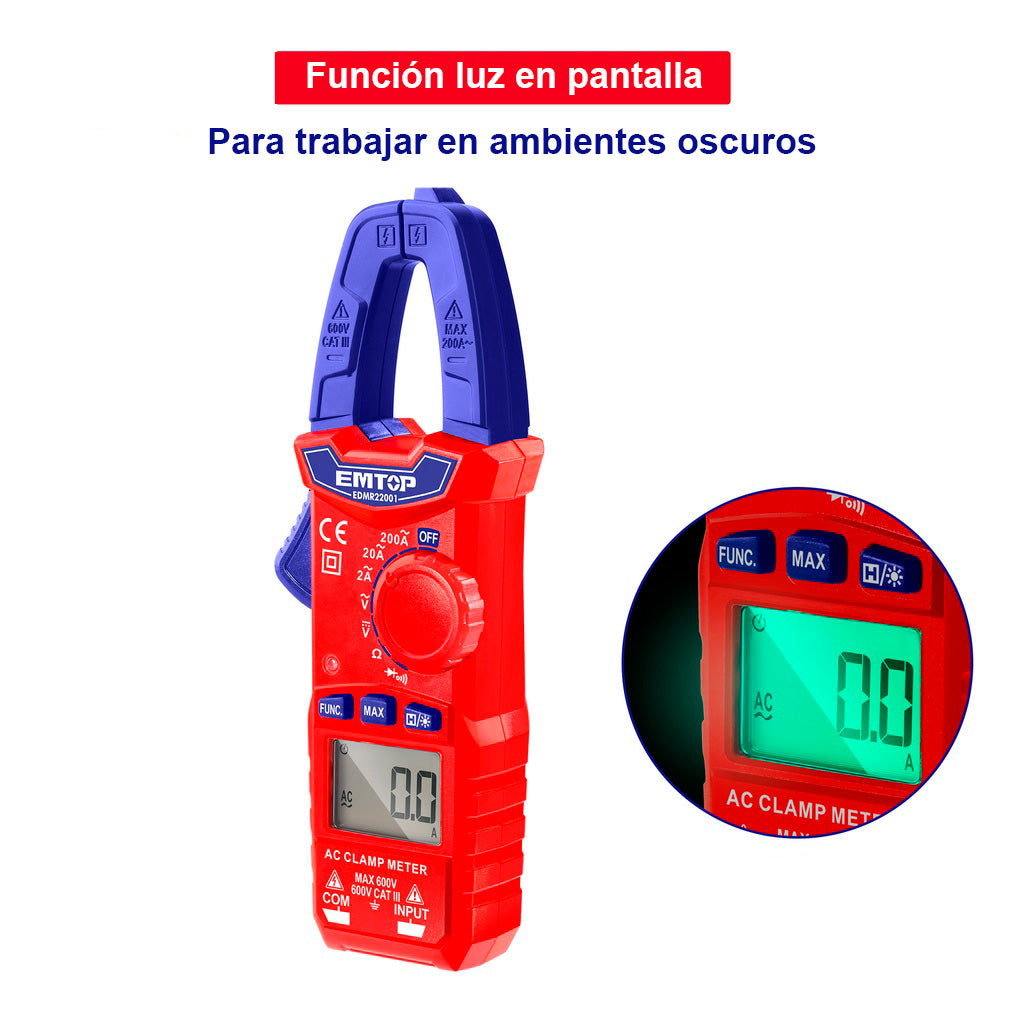 Amperímetro de gancho digital hasta 600 voltios, Emtop, edmr22001, EDMR22001