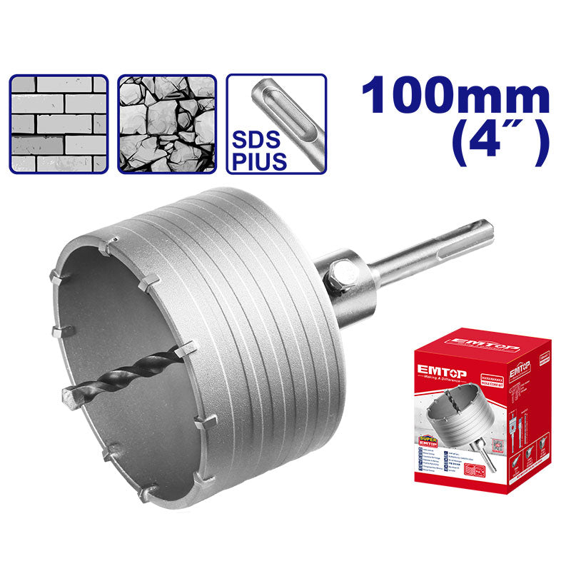 SIERRA COPA 4 PLG. PARA CONCRETO, DIENTES DE CARBURO, ENCASTRE SDS PLUS, CON ADAPTADOR Y BROCA GUIA. EMTOP, EHCS1001