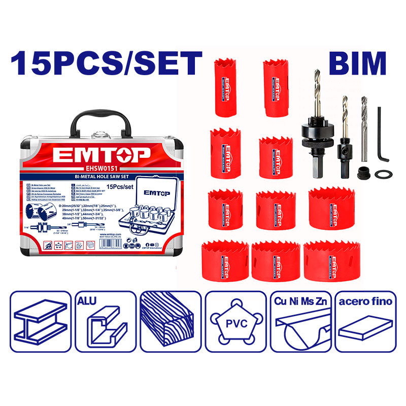 BROCA SIERRAS BIMETALICAS, 15 PIEZAS, EMTOP, EHSW0151
