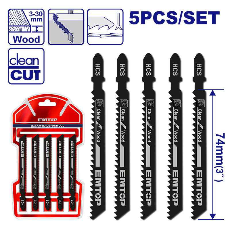 SET DE 5 HOJAS DE SIERRA CALADORA TIPO T, SEGUETA CORTE LIMPIO EN MADERA 10 TPI X 4 PULGADAS DE LARGO. MARCA EMTOP, EJSBT101B