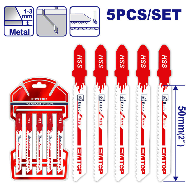 SET DE 5 HOJAS DE SIERRA CALADORA TIPO T, SEGUETA CORTE EN METAL 21 TPI X 3 PULGADAS DE LARGO. MARCA EMTOP, EJSBT118A