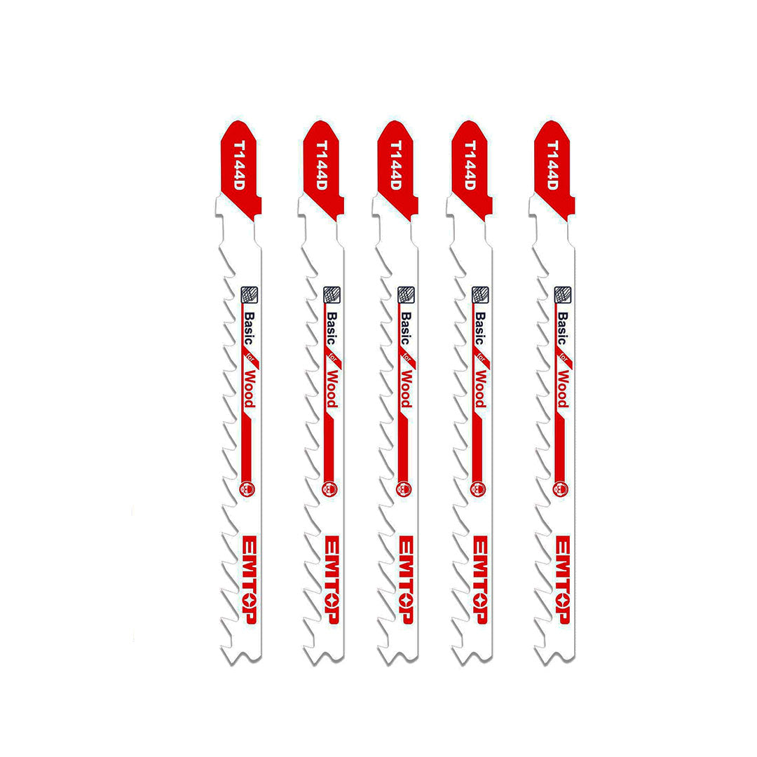 SET DE 5 HOJAS DE SIERRA CALADORA TIPO T, SEGUETA CORTE RAPIDO EN MADERA 6 TPI X 4 PULGADAS DE LARGO. MARCA EMTOP, EJSBT144D