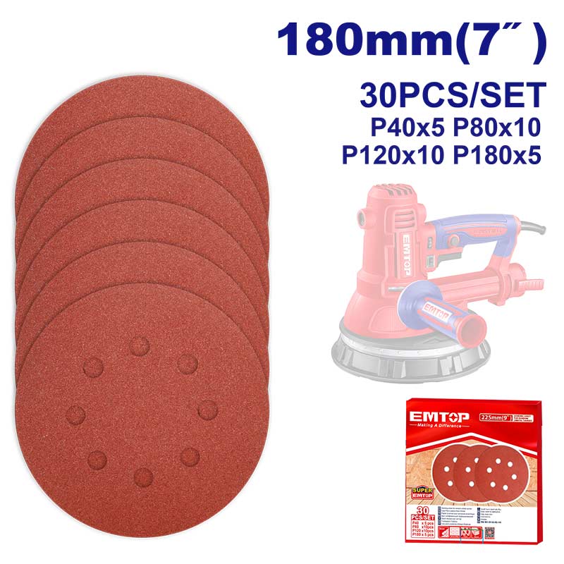 PAQUETE DE 30 DISCOS DE LIJA CON VELCRO DE 7 PULGADAS, GRANO SURTIDO, 40, 80, 120 Y 180. EMTOP, EKRS180030
