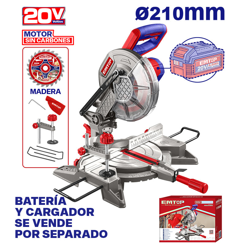 SIERRA INGLETADORA INALAMBRICA 20V, 4500 RPM, 8 1/4. SIN BATERIA NI CARGADOR. BARE TOOL. EMTOP, ELMS2021