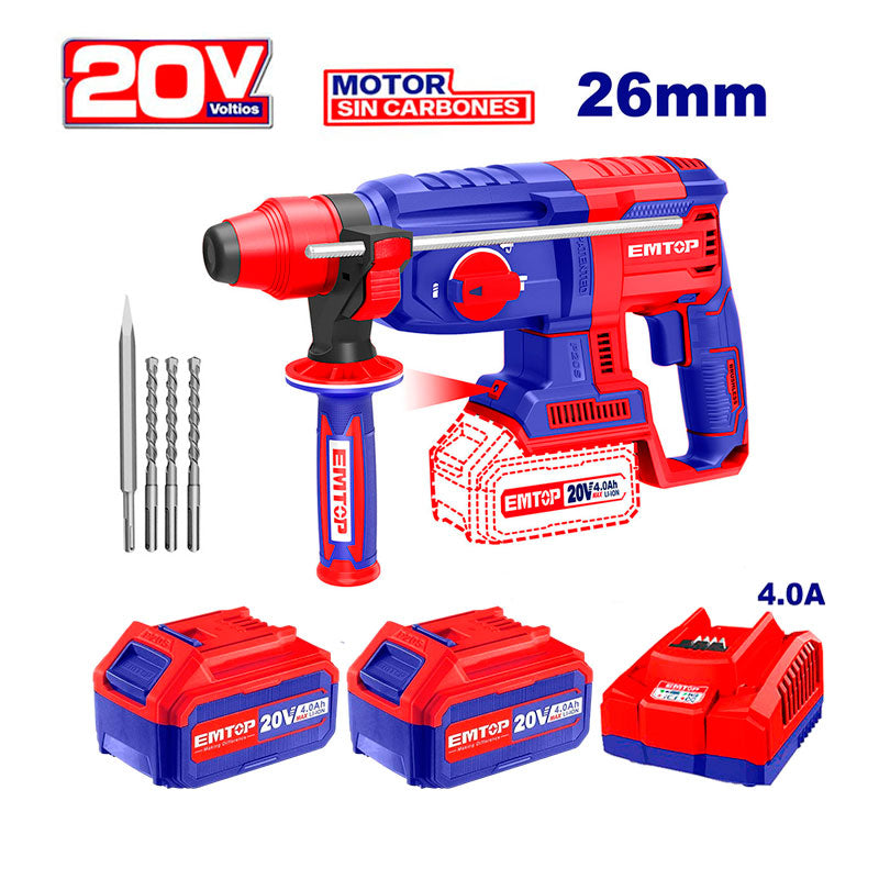 ROTOMARTILLO INALAMBRICO DE 20 VOLT, SDS PLUS, BRUSHLESS, 0-1100RPM, 2.5 JOULES, CON 2 BATERIAS Y CARGADOR. EMTOP, ELRH20228-EBPK
