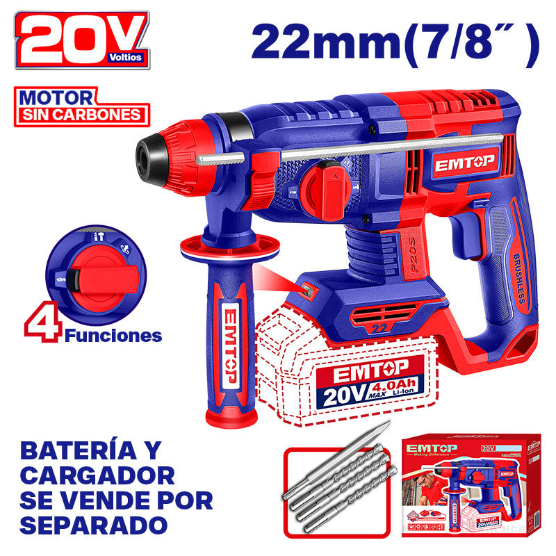 ROTOMARTILLO INALAMBRICO 20V. SDS PLUS, BRUSHLESS, 0-1100RPM, 2 JOULES, SIN BATERIA NI CARGADOR. EMTOP, ELRH21228