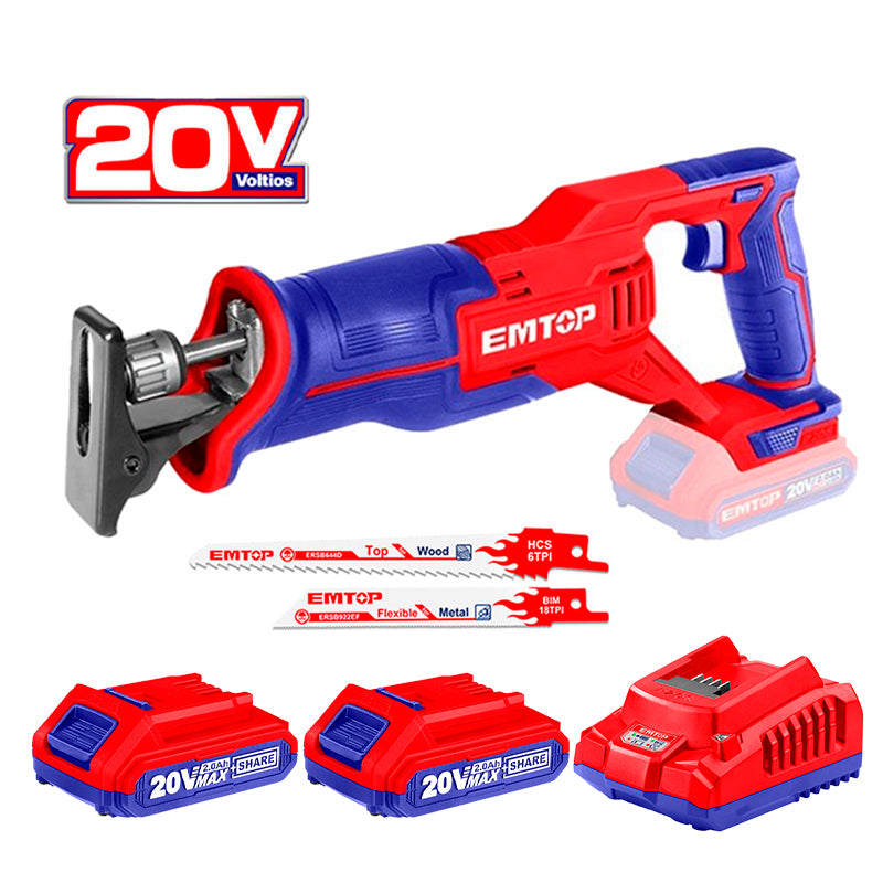 SIERRA SABLE INALAMBRICA DE 20 VOLTIOS, 2,800 RPM. CON 2 BATERIAS Y CARGADOR. BARE TOOL. EMTOP, ELRS201152-ULBCPK