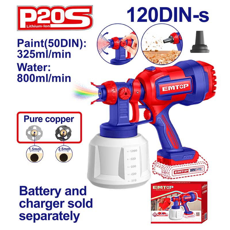 PISTOLA PULVERIZADORA PARA PINTAR, INALAMBRICA, 20V, SIN BATERIA NI CARGADOR, BARE TOOL. EMTOP, ELSG2004