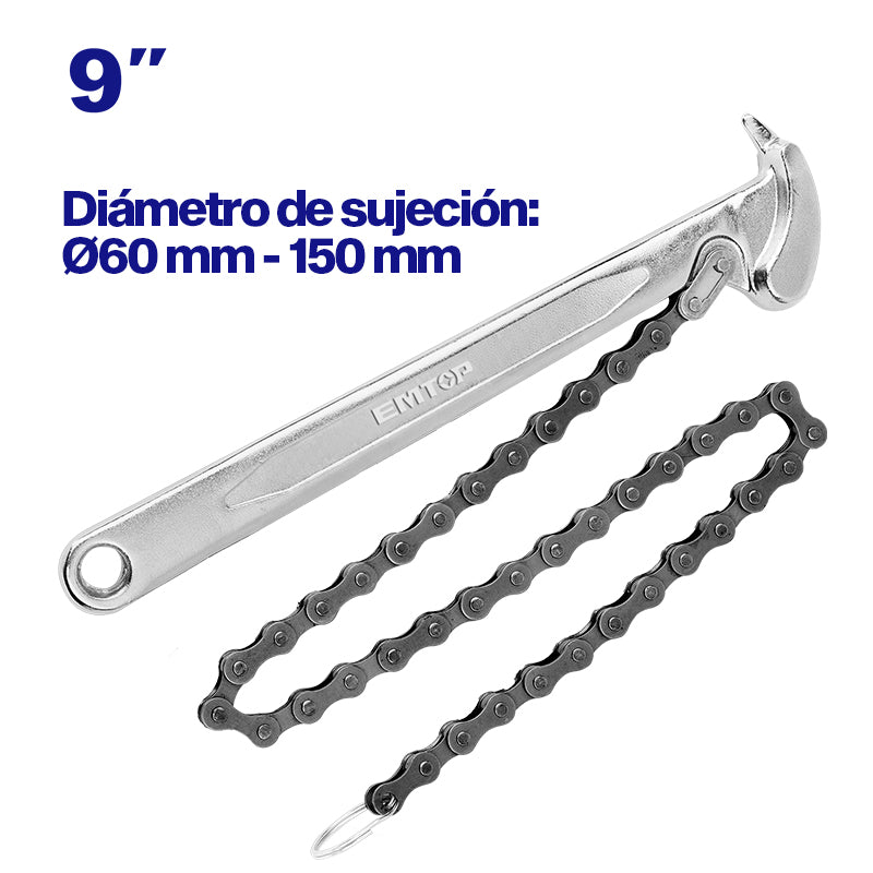 LLAVE DE CADENA 9 PLG. SUJECION 2 1/4- 5 7/8 PLG. CADENA 20 1/2 PLG. MANGO FORJADO, TRATAMIENTO TERMICO, CROMADO. EMTOP, EMAW1309